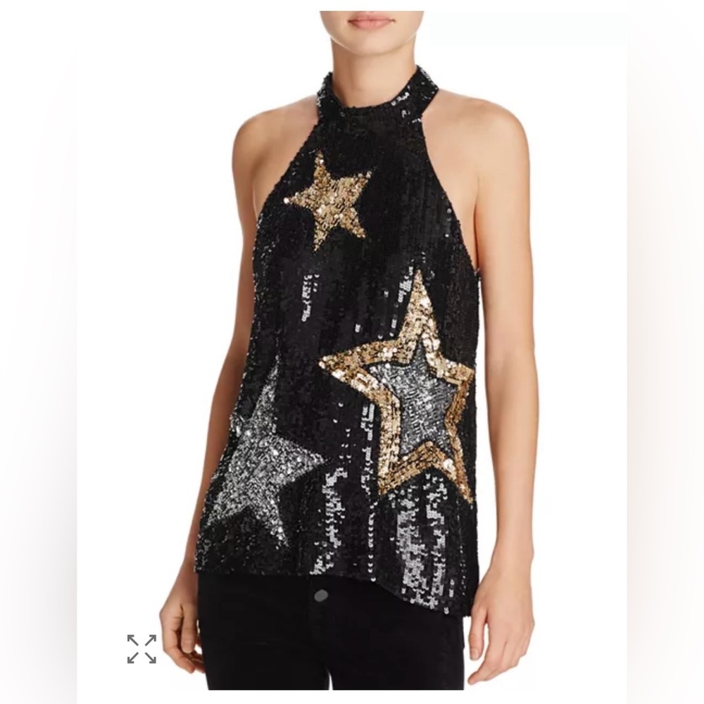 Parker Vika sequin halter top black sequined fabric large gold silver stars SZ M